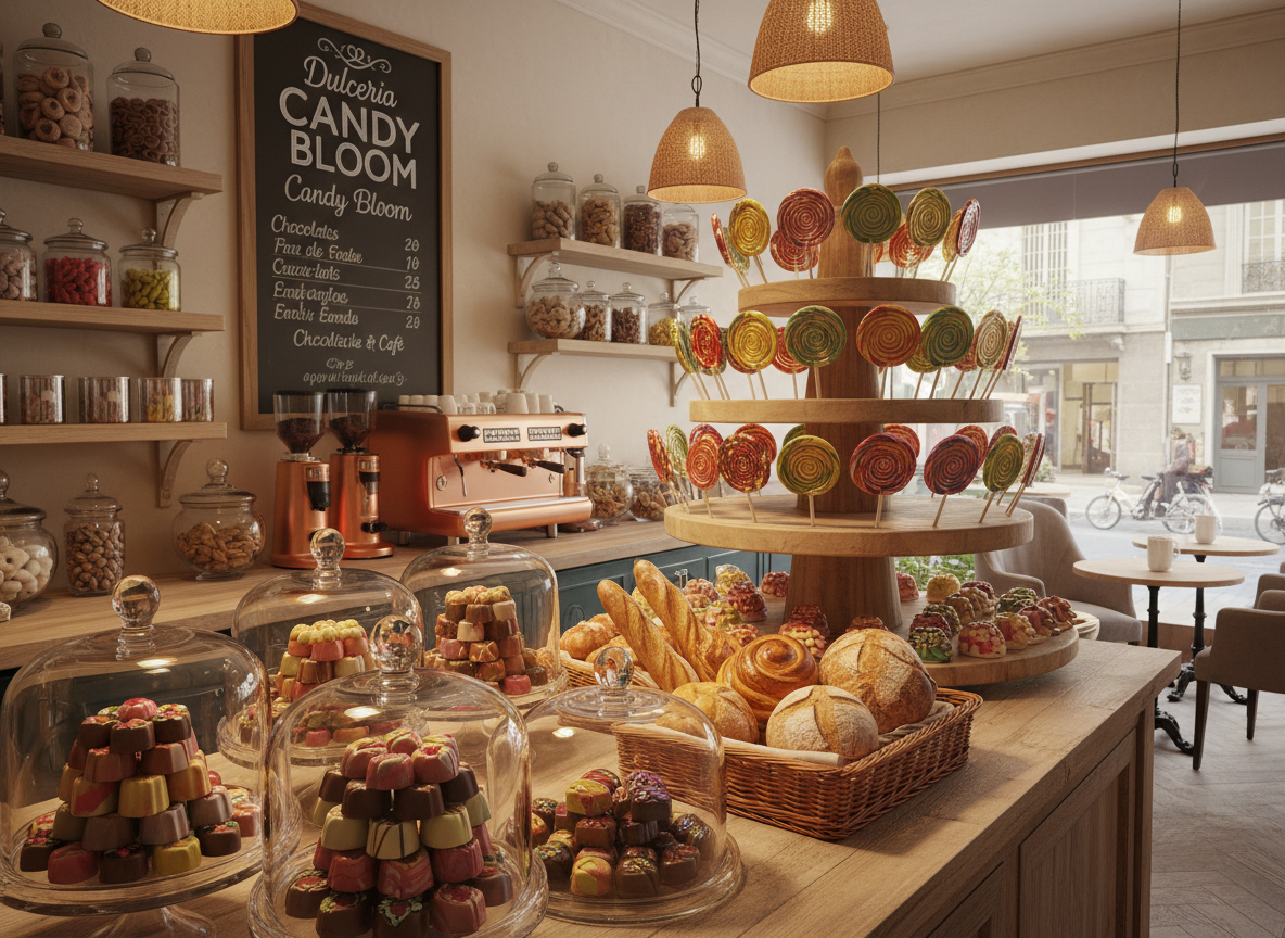 Dulceria gourmet Candy Bloom interior with colorful artisanal chocolates, breads, and lollipops displayed warmly