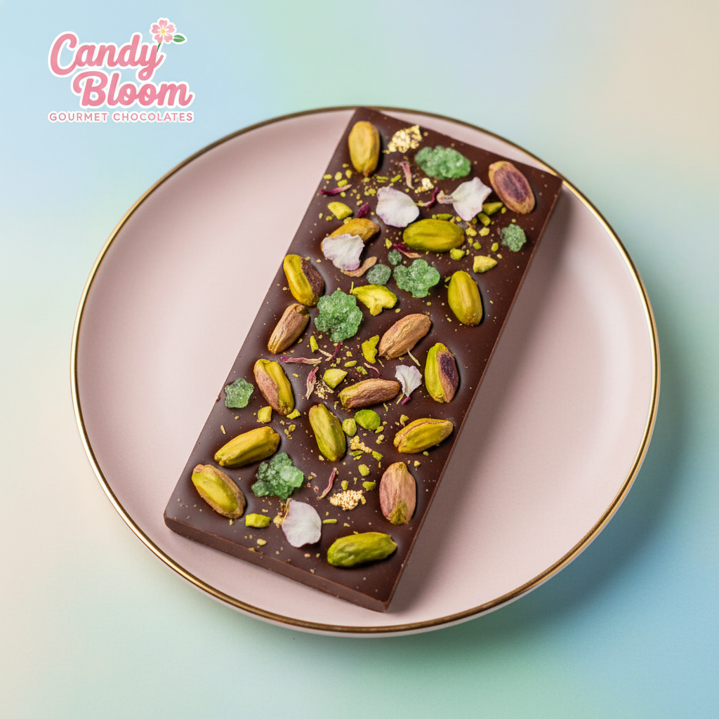 Gourmet pistachio chocolate bar with nuts on top on a pastel background, bright and appetizing, for a Candy Bloom candy store