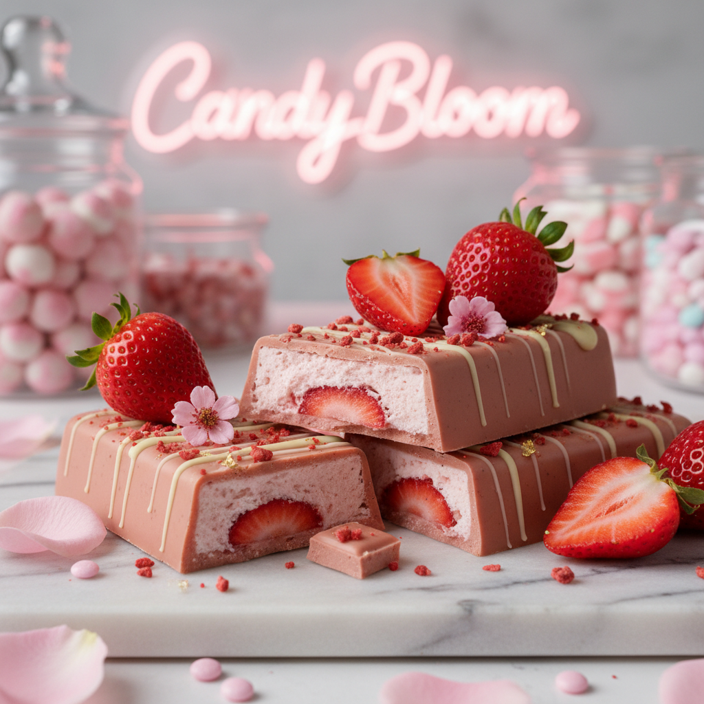 Strawberry-filled gourmet chocolate bar with pink tones and fresh strawberries, bright and appetizing, for a Candy Bloom candy store