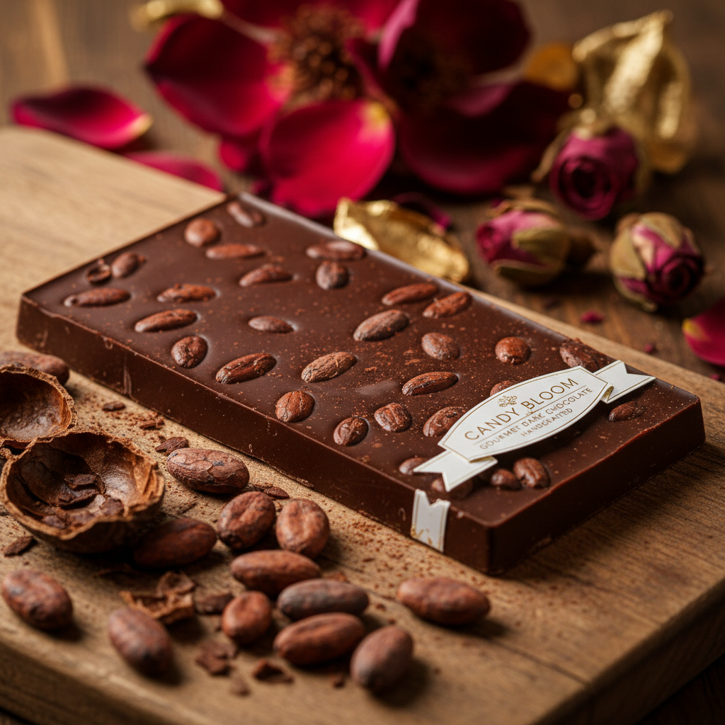 Traditional gourmet dark chocolate bar with cocoa beans and rich brown tones, bright and appetizing, for a Candy Bloom candy store