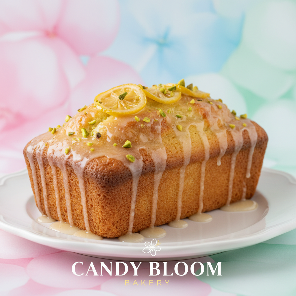 Gourmet lemon loaf cake, fluffy and golden, topped with shiny lemon glaze, styled on a pastel background for Candy Bloom bakery