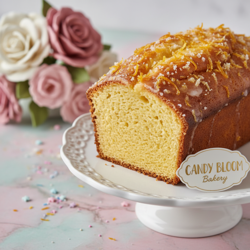 Gourmet orange loaf cake, fluffy and golden, with visible orange zest on top, styled on a pastel background for Candy Bloom bakery