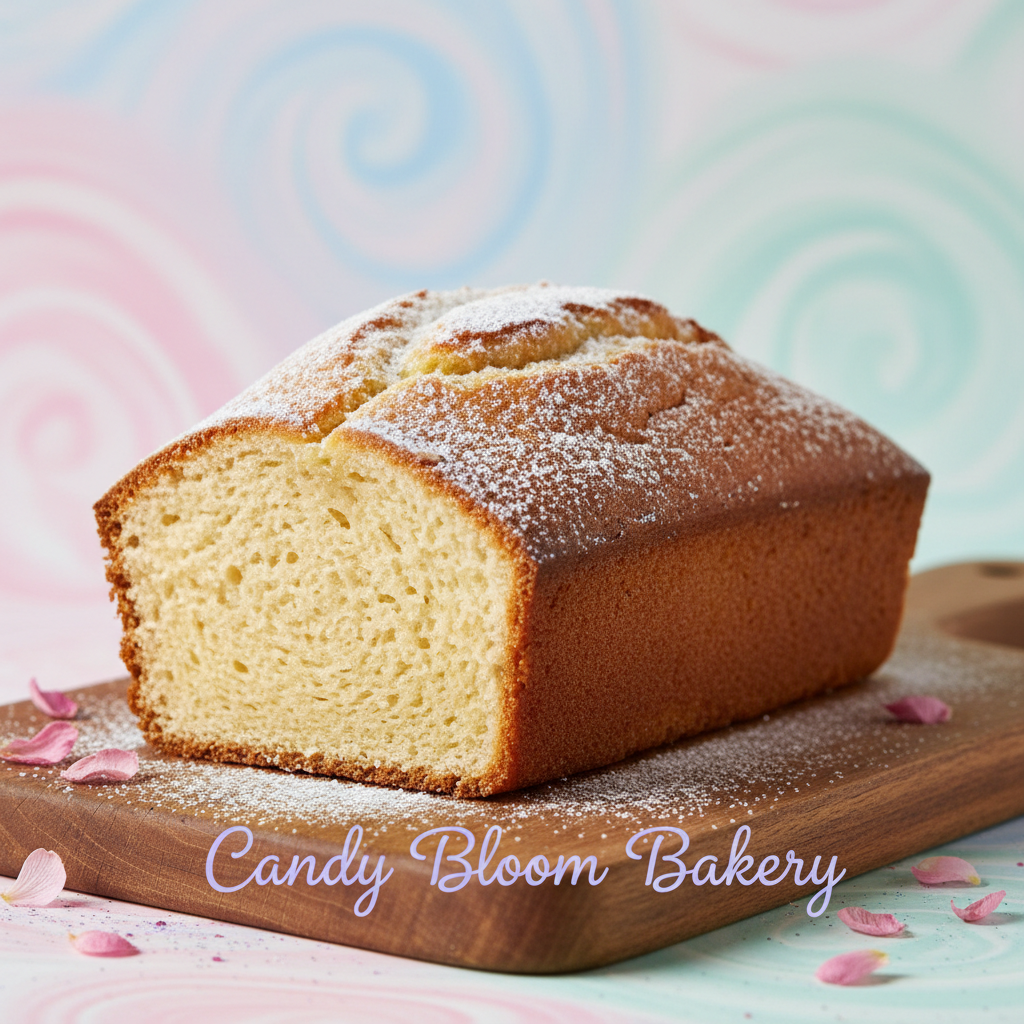 Classic vanilla loaf cake, golden and fluffy with a soft crumb, simple and elegant on a pastel background for Candy Bloom bakery