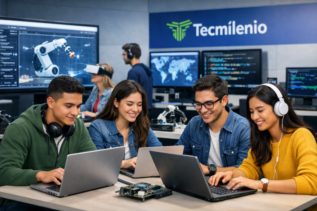 alumnos universitarios desarrollando habilidades digitales en laboratorio tecnológico